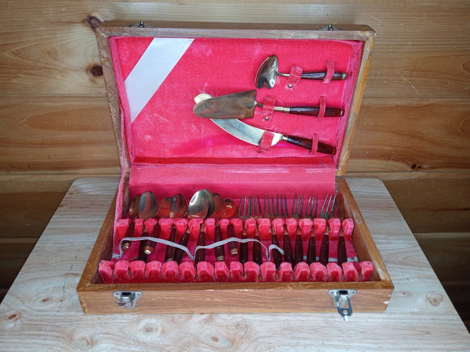 Super Rare NCO Club Thailand Military Bronze Rosewood Flatware Set