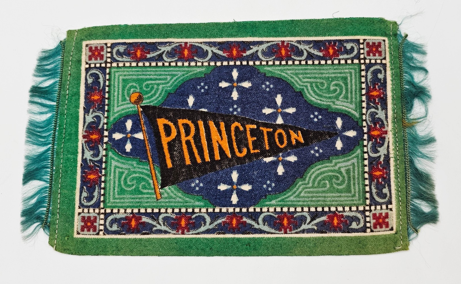Princeton Univ Cigarette Tobacco Felt Carpet Rug 8-1/4” x 5” Vintage 1900s Green