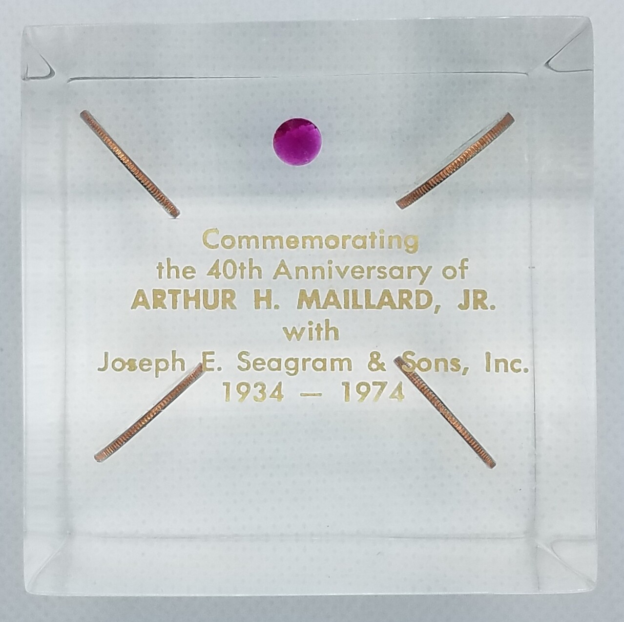 Joseph E Seagram & Sons 40th Anniv Arthur H Maillard Jr Paperweight 4 1974 Dimes