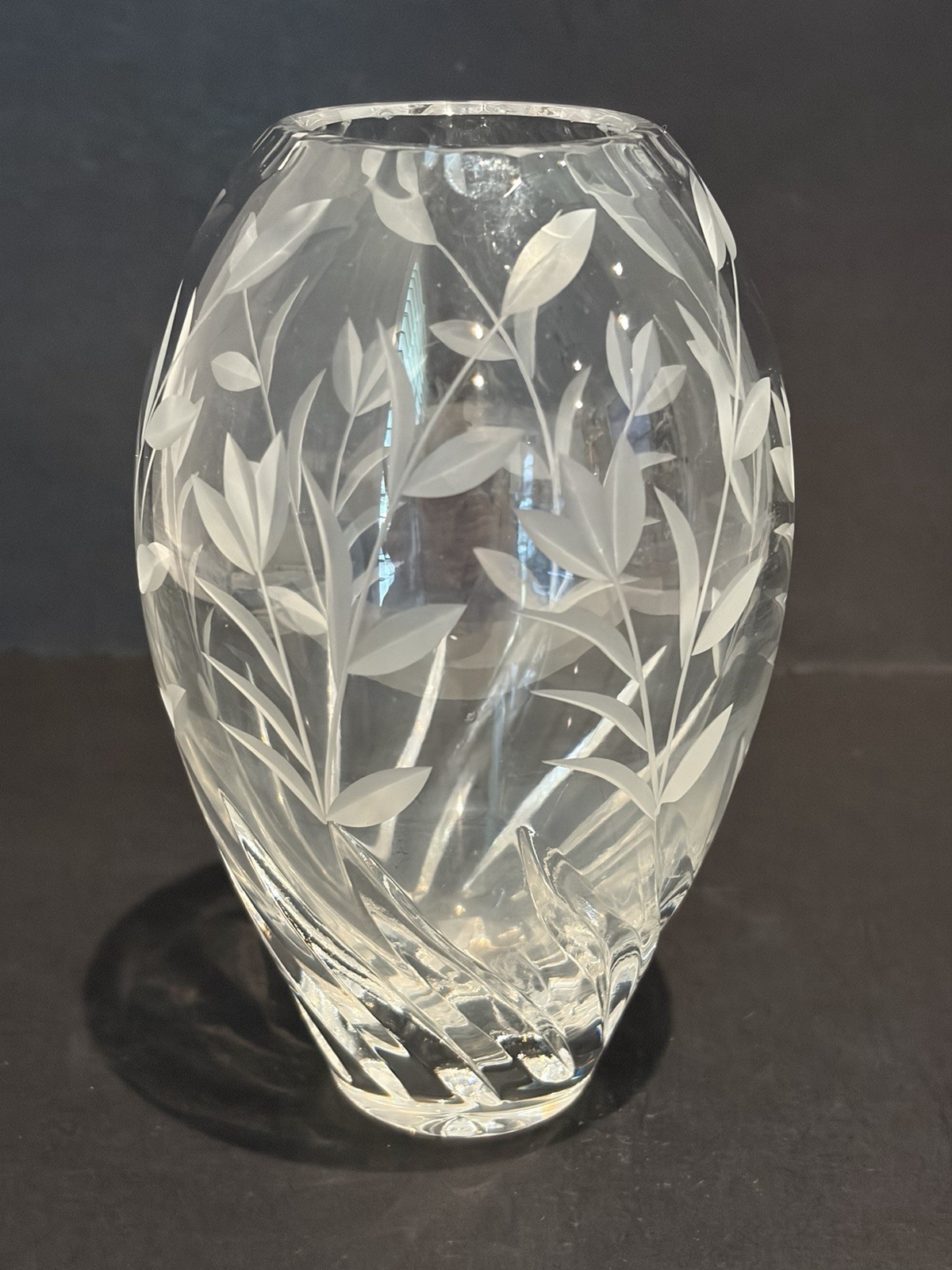 Heavy Clear Lead Crystal Etched Vase 5 1/2” Tall