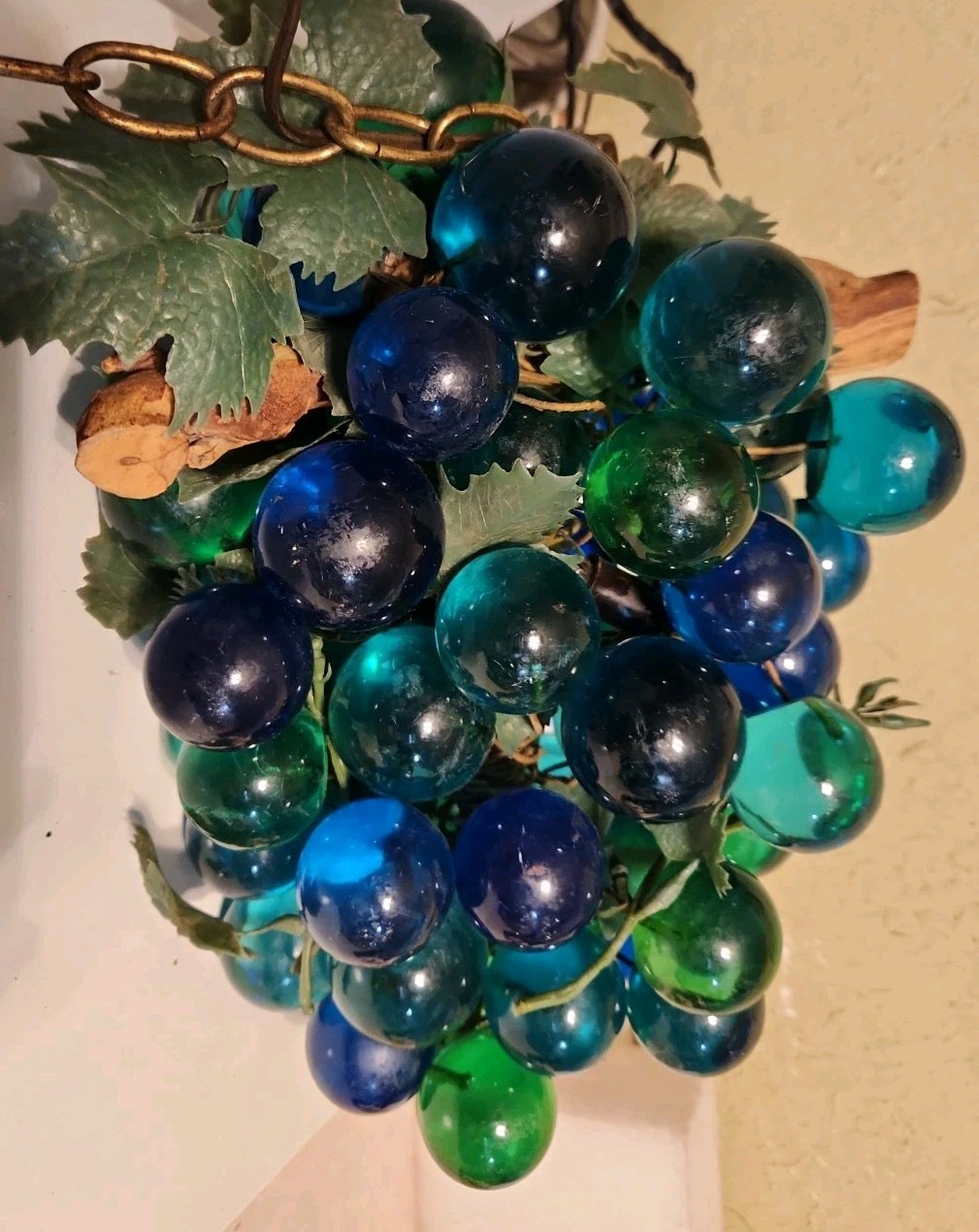 VTG MCM Lucite Blue Green Grape Hanging Lamp Light W/Gold Chain Ivy on Driftwood