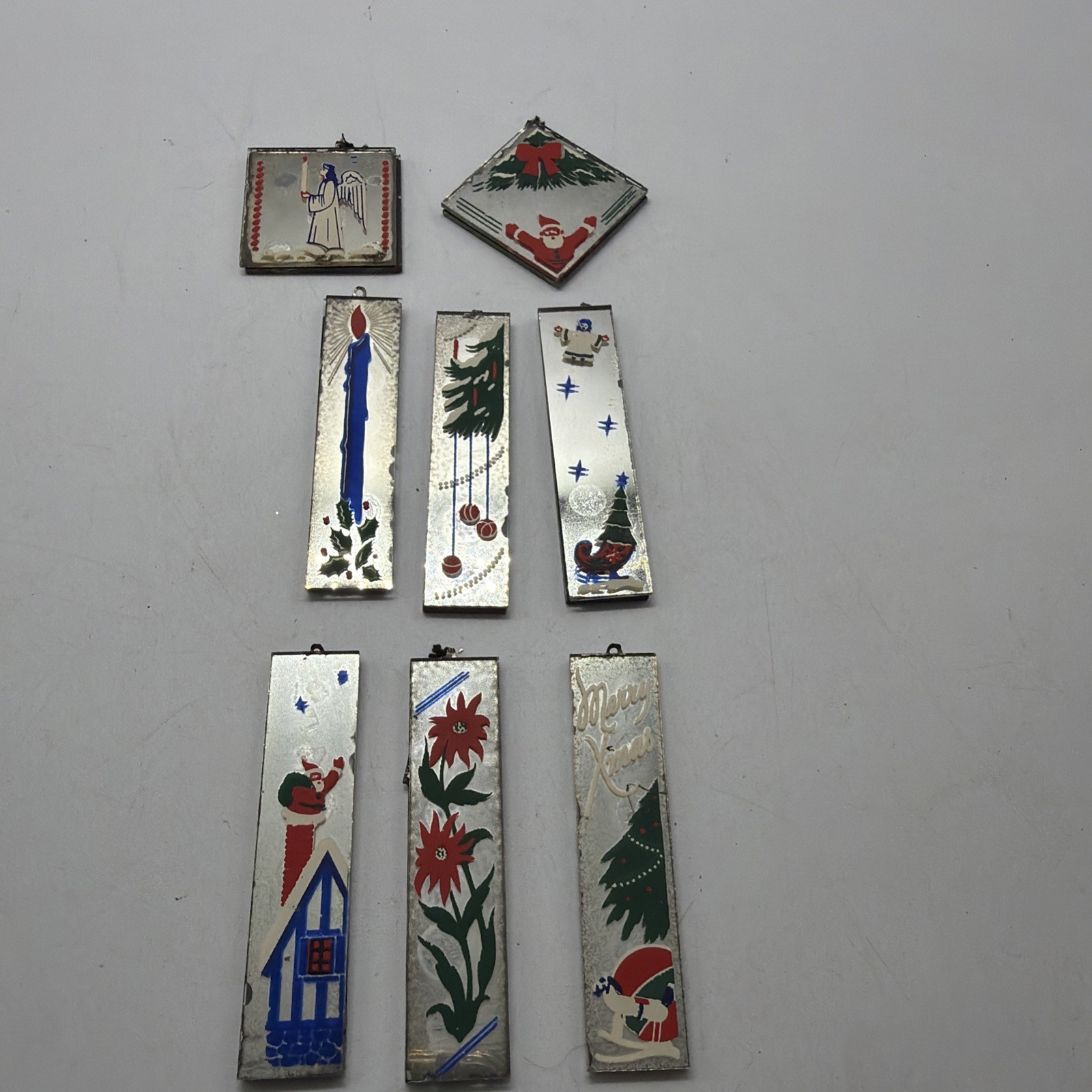 Vintage Dunlop Dunlap Mirrorette Christmas Ornaments Mirror Hand Painted 8 Pcs