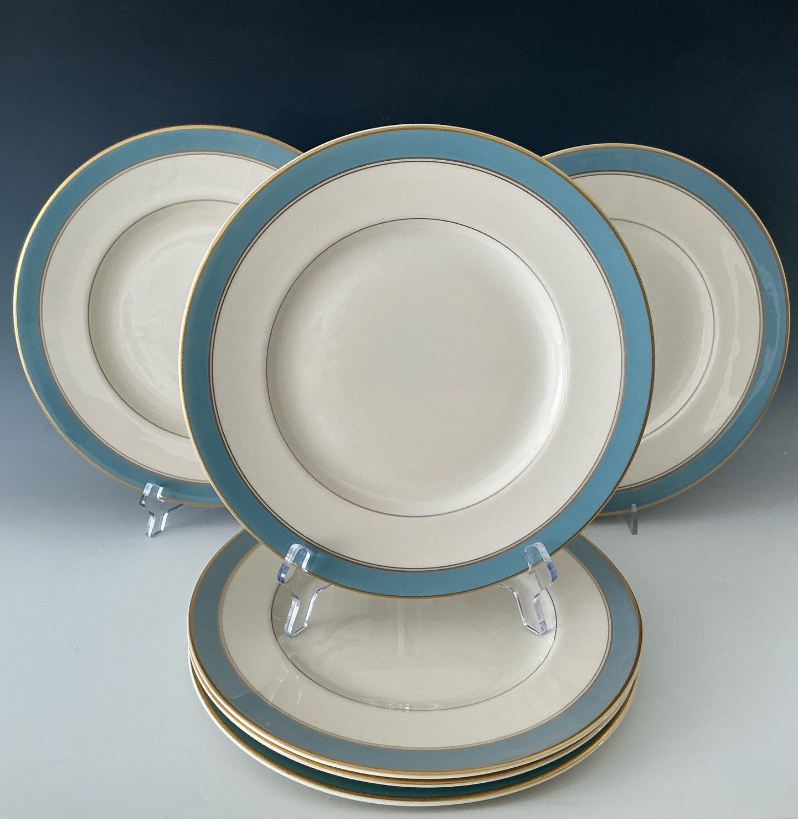 Set/6 Syracuse Edmonton Dinner Plates w/Light Turquoise & Gold Band