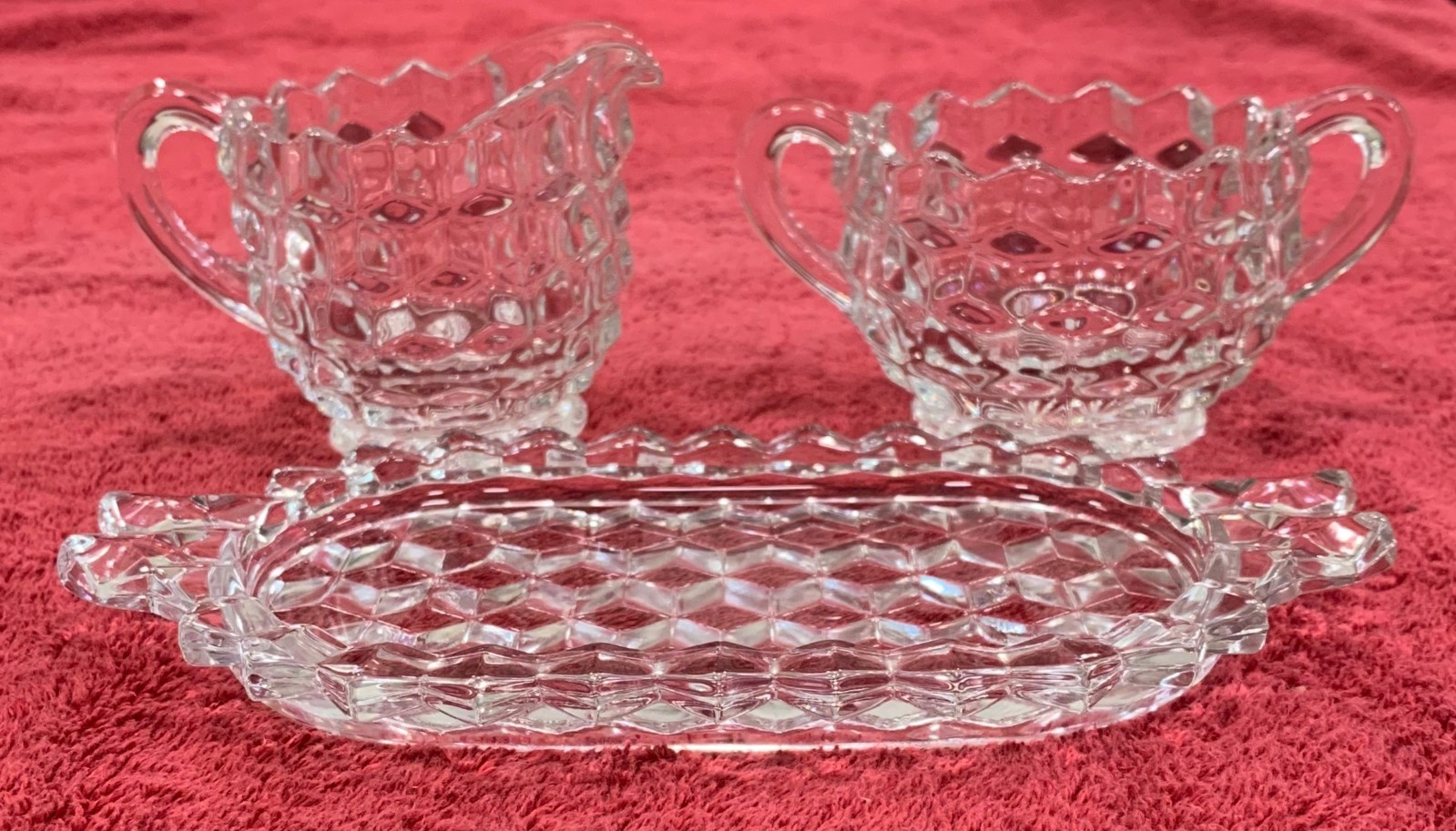Vntg Fostoria American 2056 Clear Glass 3-pc Creamer, Sugar Bowl, Tray Item 686