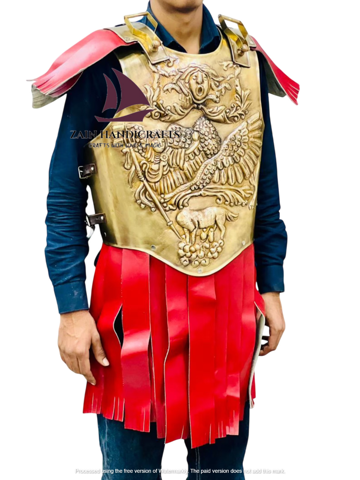 ZAIN Golden Mythological Warrior Armor Breastplate Costume Red Skirt Birthday