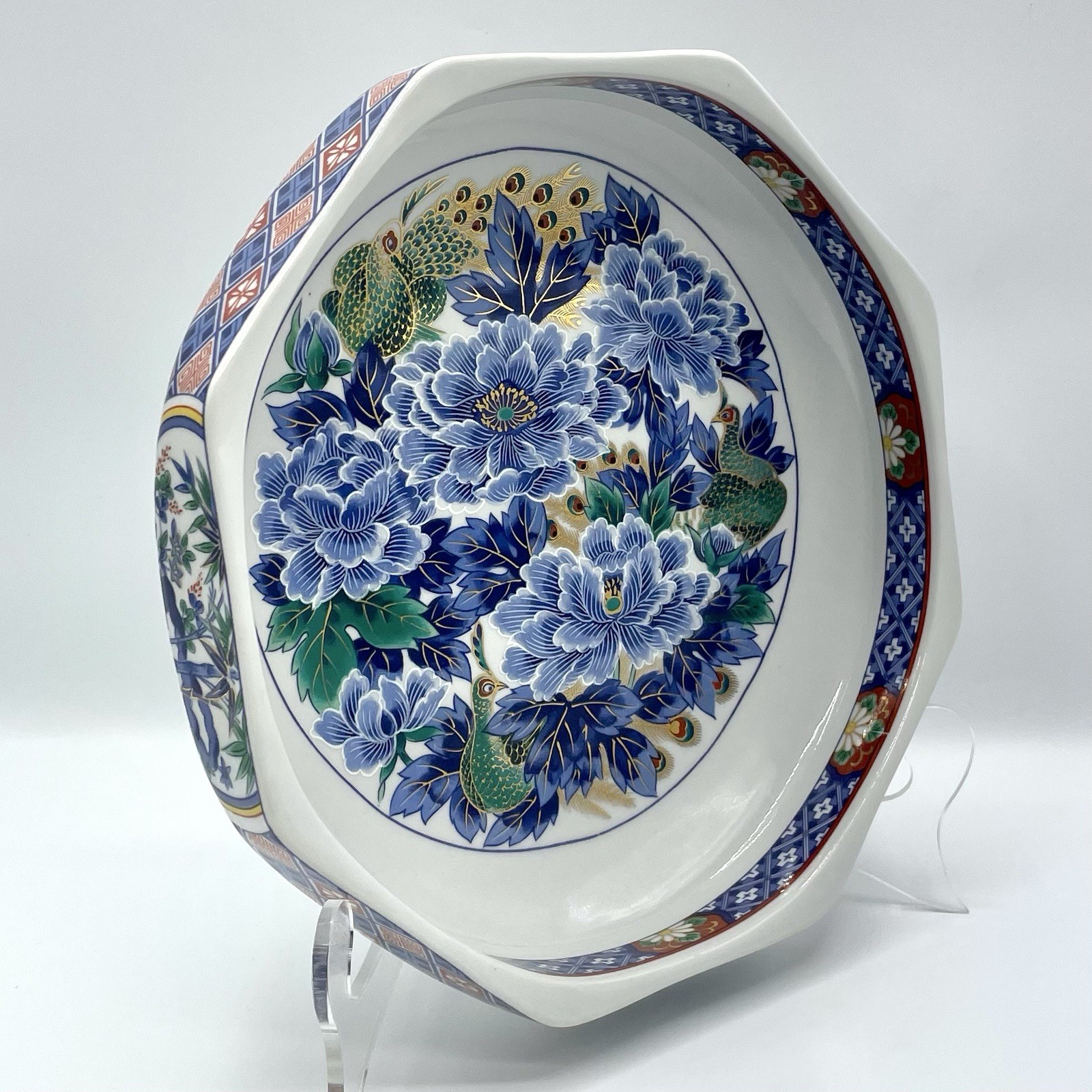 Vintage Japanese Arita Imari Style Peacock Peony Porcelain Octagonal Bowl