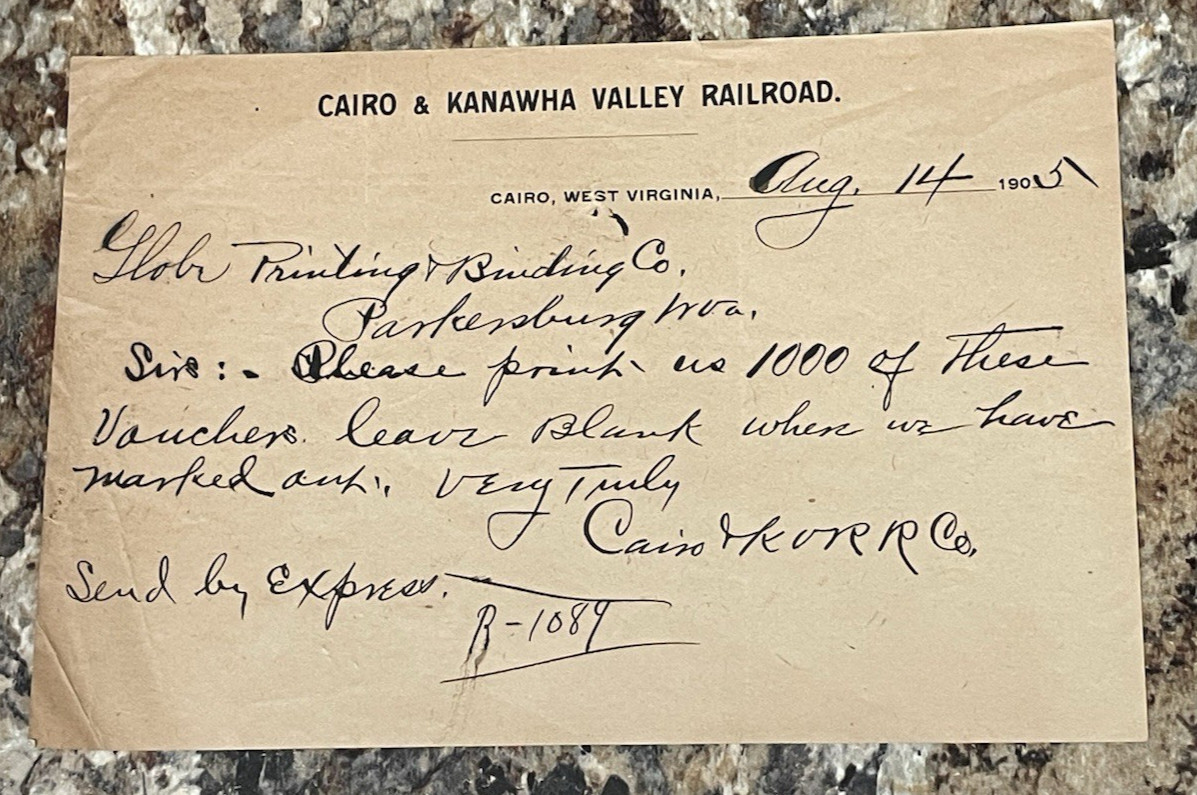 Vintage Cairo & Kanawha Valley Railroad 1905 Order Form Letter/Note