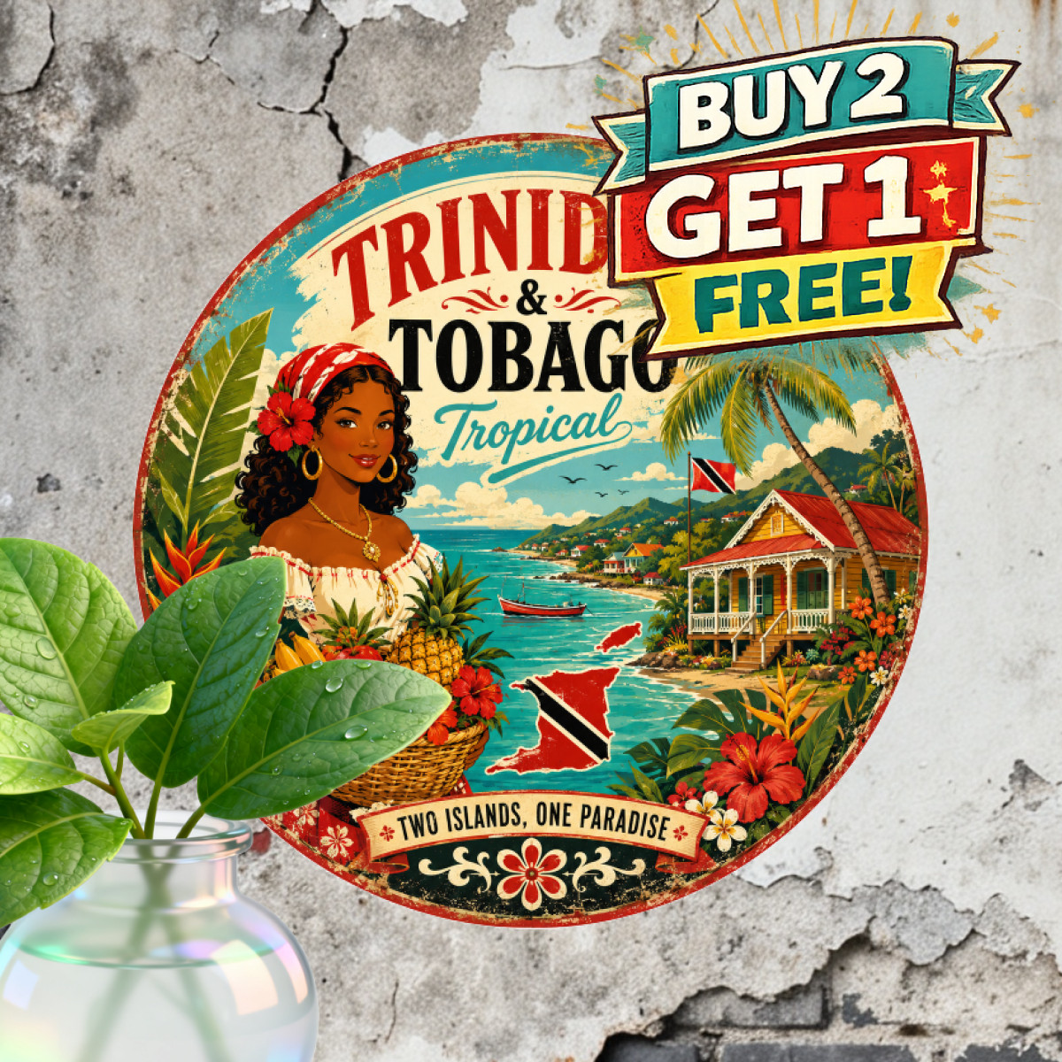 Caribbean Tropical Island Palm Round Metal Sign Island Beach Tin Plaque 8x8 In