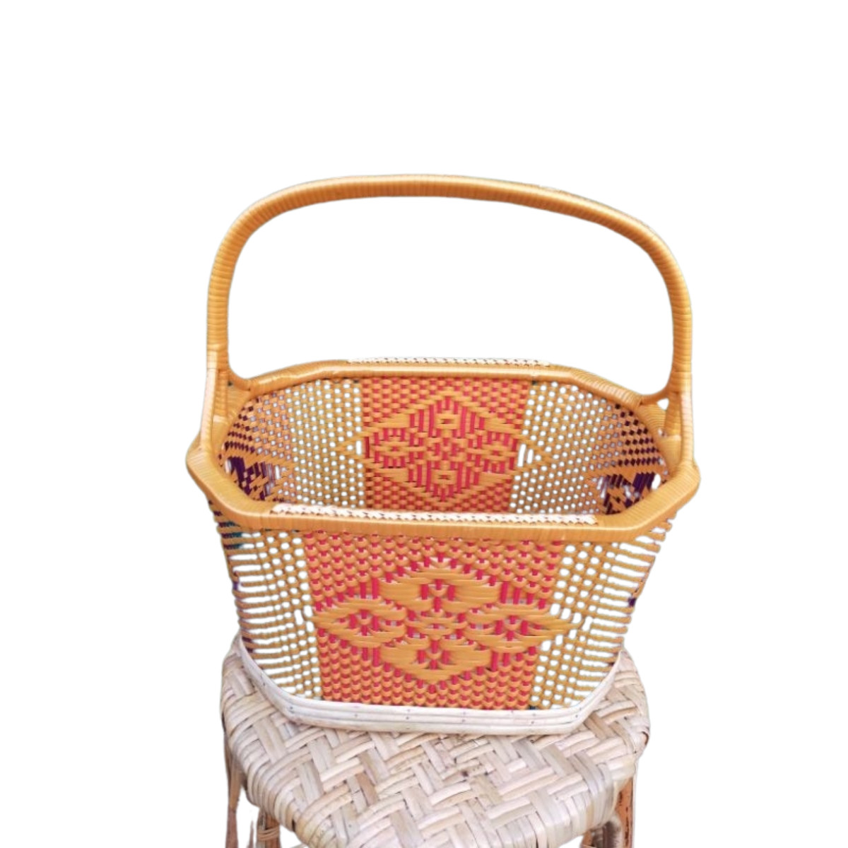 Handmade Woven Rattan Basket Bamboo with Handle  Thai Style Storage Bin Pattern
