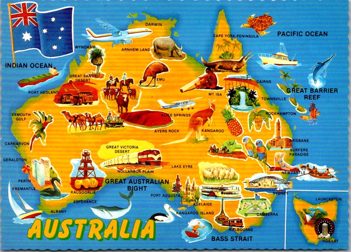 Australia Map with Icons of Landmarks and Animals Continental Postcard B784