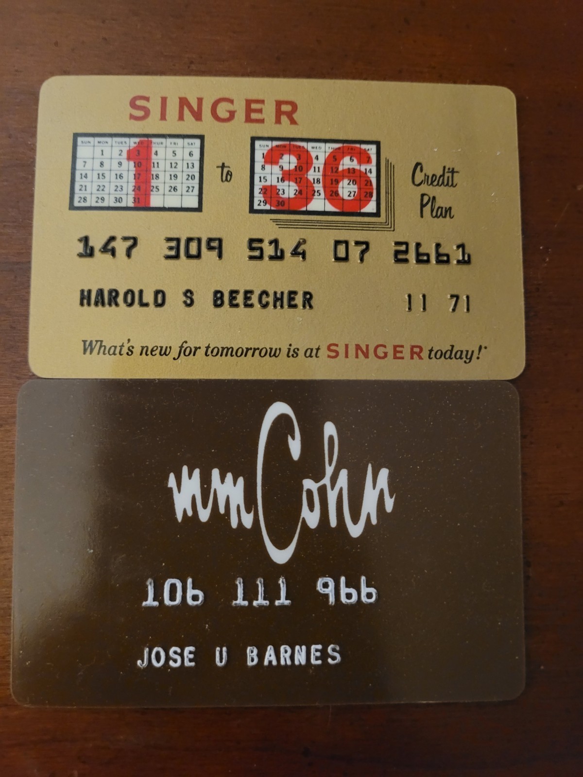 2 Vintage Department Store Credit  Cards Singer and M.M. Cohn