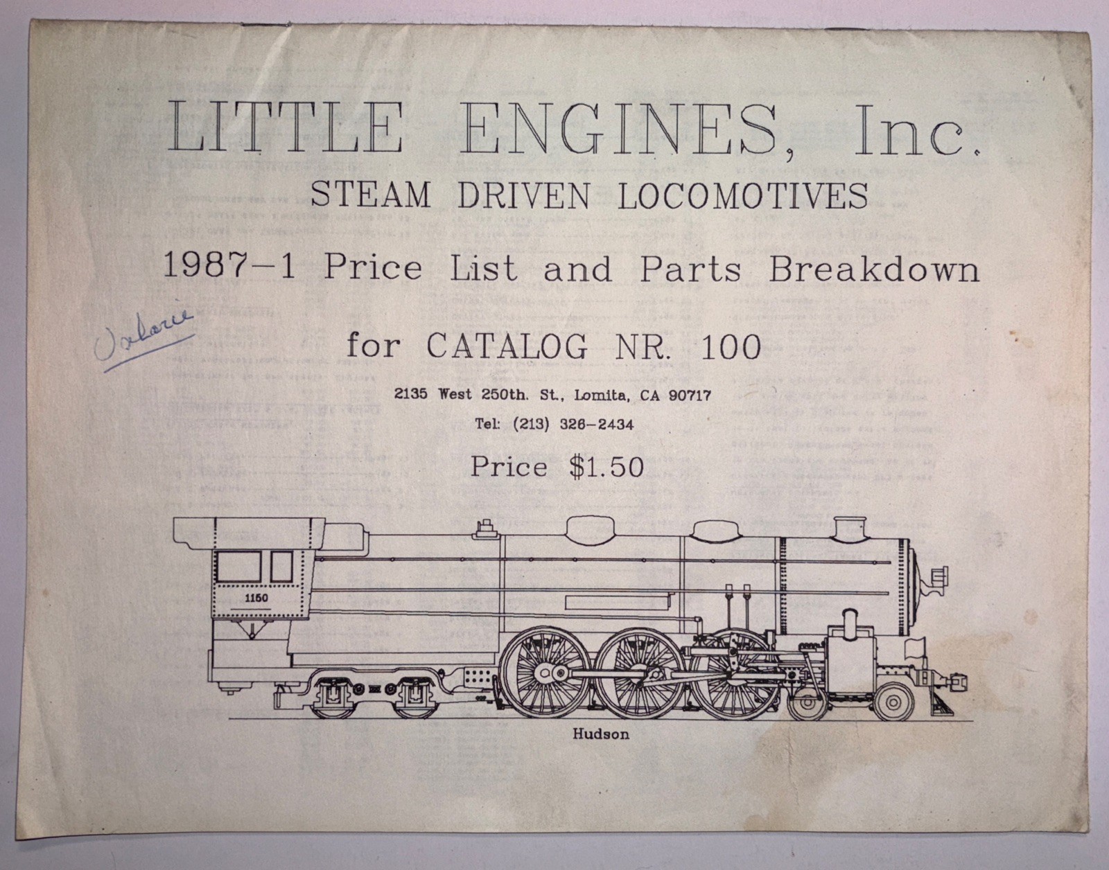 Little Engines, Inc. Steam Driven Locomotives 1987 Catalog NR. 100