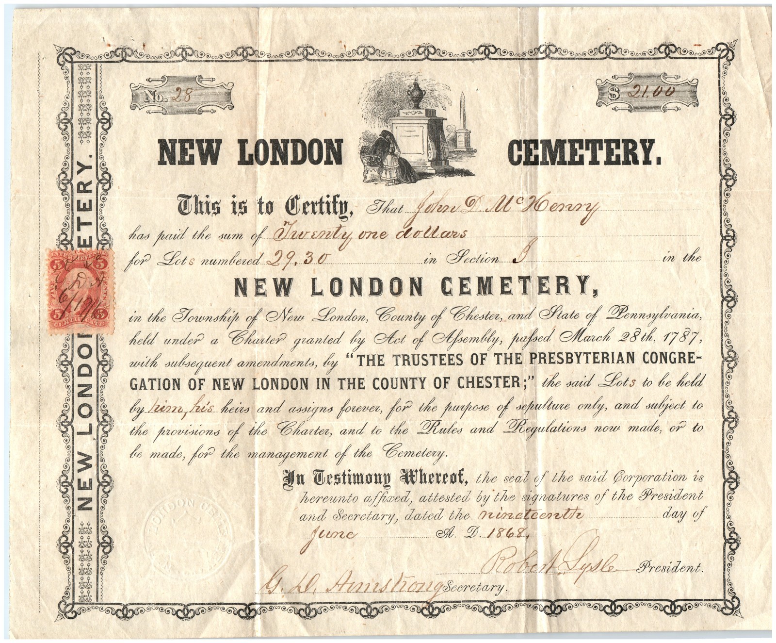 1868 New London Cemetery Lot Certificate John D McHenry 5c Revenue Stamp PA