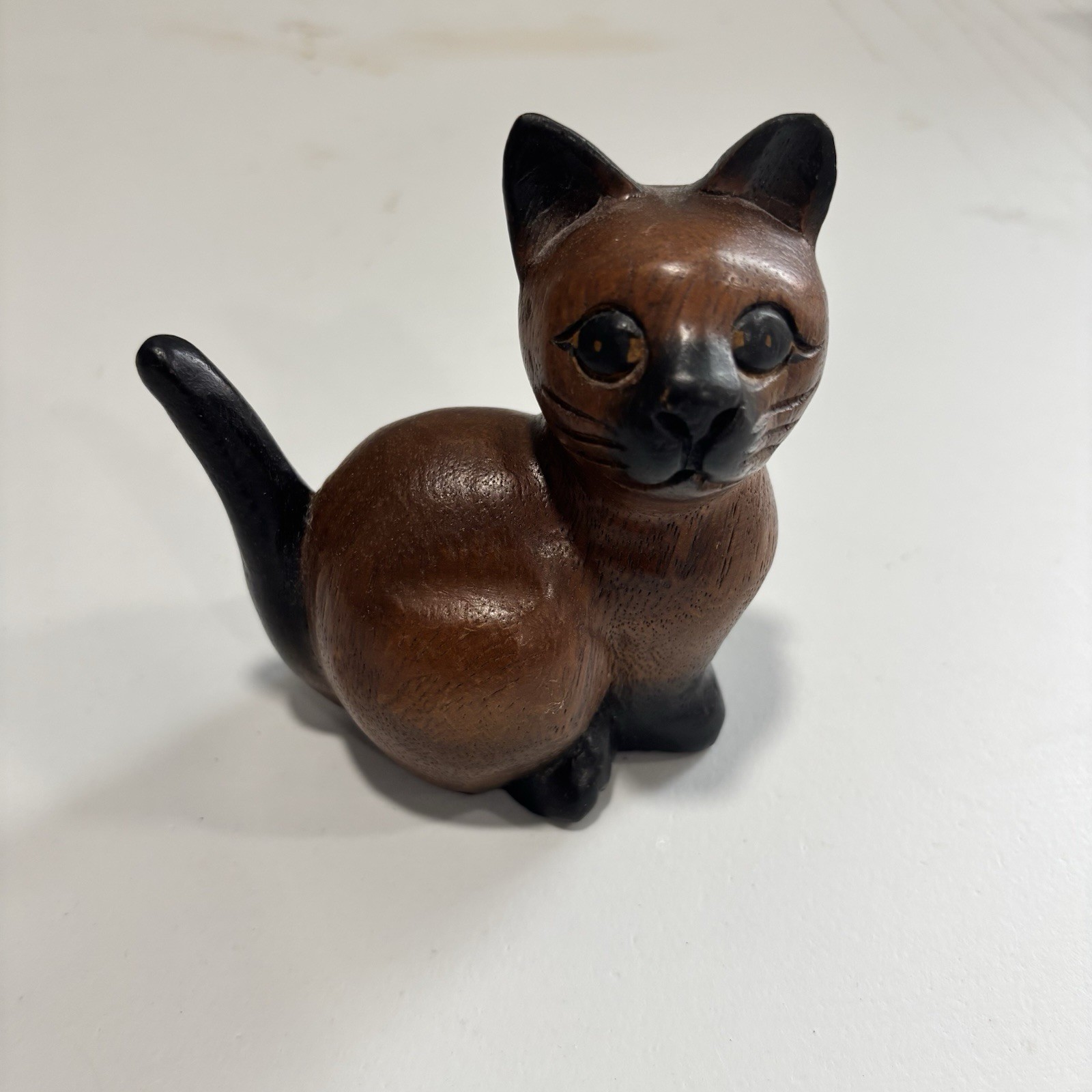 Vintage MCM Wood Carved Siamese Cat Kitty Figure Mid Century Modern Thailand