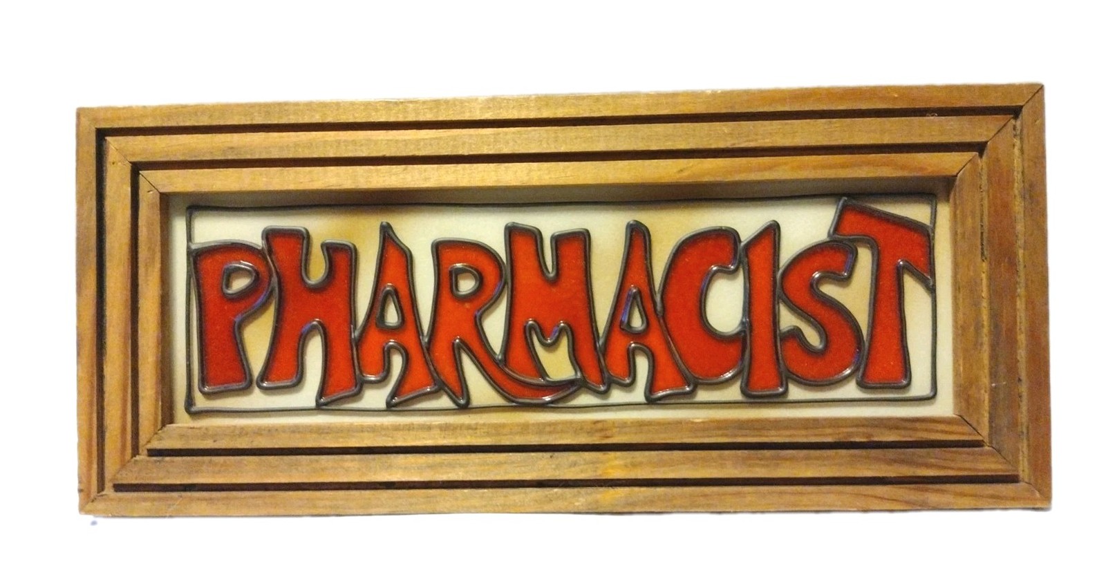 Vtg Glasscraft Pharmacist Sign  Wood Framed Faux Stained Glass  B2