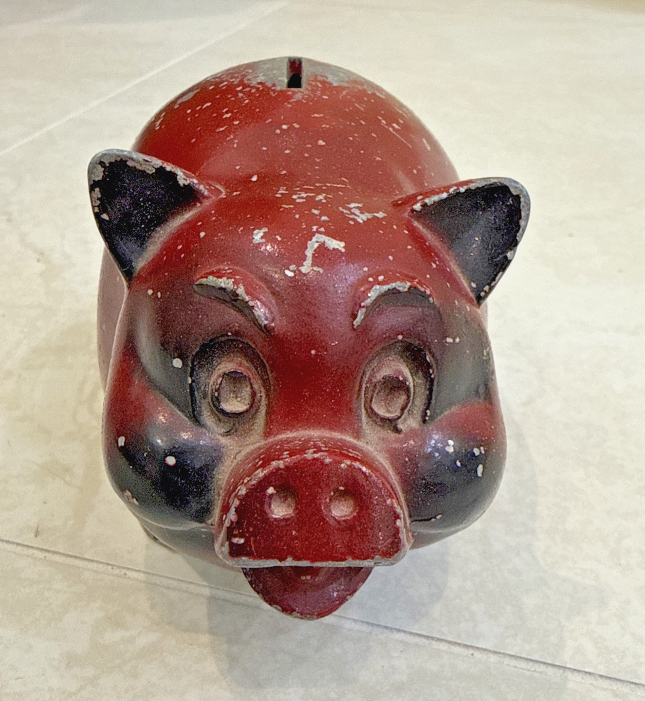 Vtg Cast Metal Red Painted Baby Pig Piggy Bank First National Bank Liberty MO**