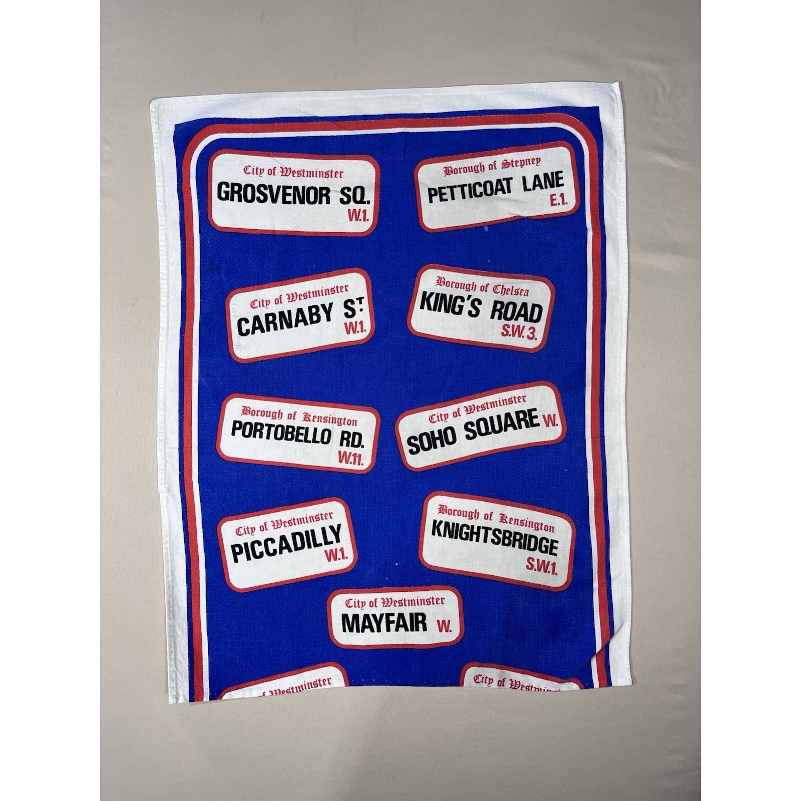 Vintage London Street Signs Tea Towel Souvenir Carnaby St Piccadilly Blue Red