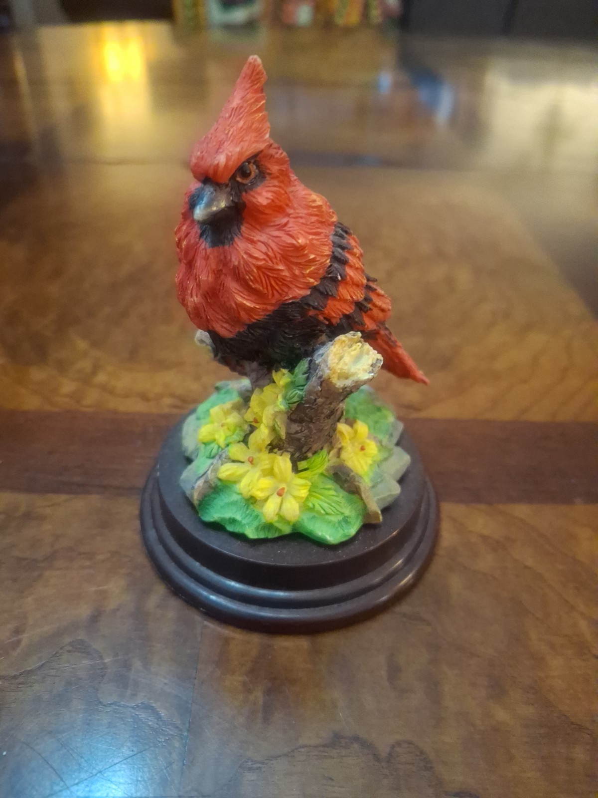Vintage Porcelain hand-painted red cardinal figurine perched branch flowers.