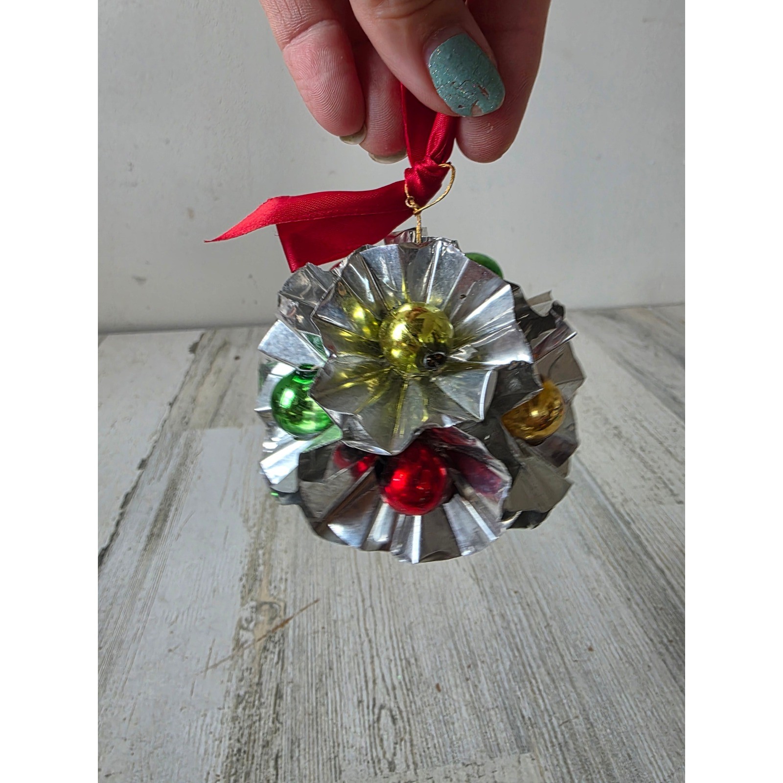 Antique mercury glass ball ornament tinsel silver metal