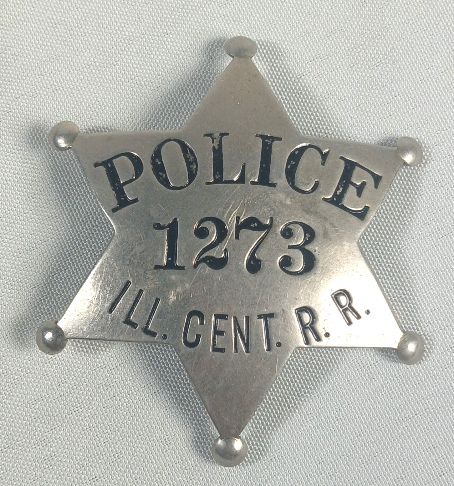 Obsolete Atq. Illinois Central Railroad Police 6-point Badge Obsolete Atq. Illinois Central Railroad Police 6-point Badge