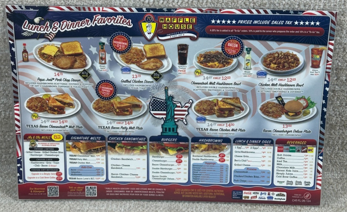 Authentic Waffle House Restaurant Menu Double Sided Patriotic 70th Anniversary