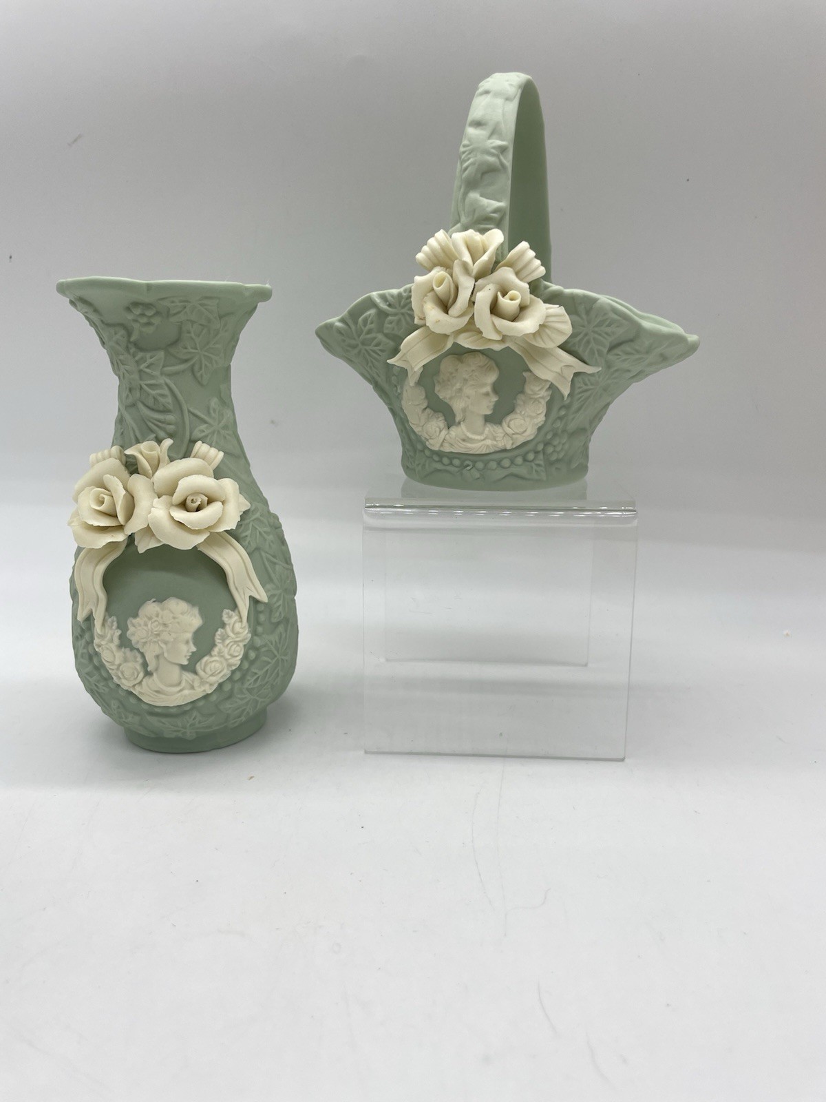 Jasperware Sage Green Cameo & 3D Rose Bud Vase & Basket Set Vtg JTS Internationa