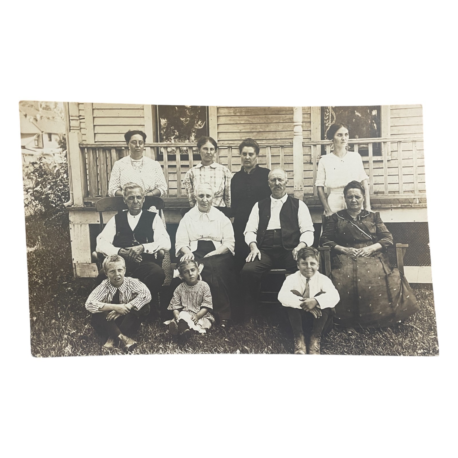 RPPC 1910s Large Family Portrait House Porch Rural Fashion Antique Unused