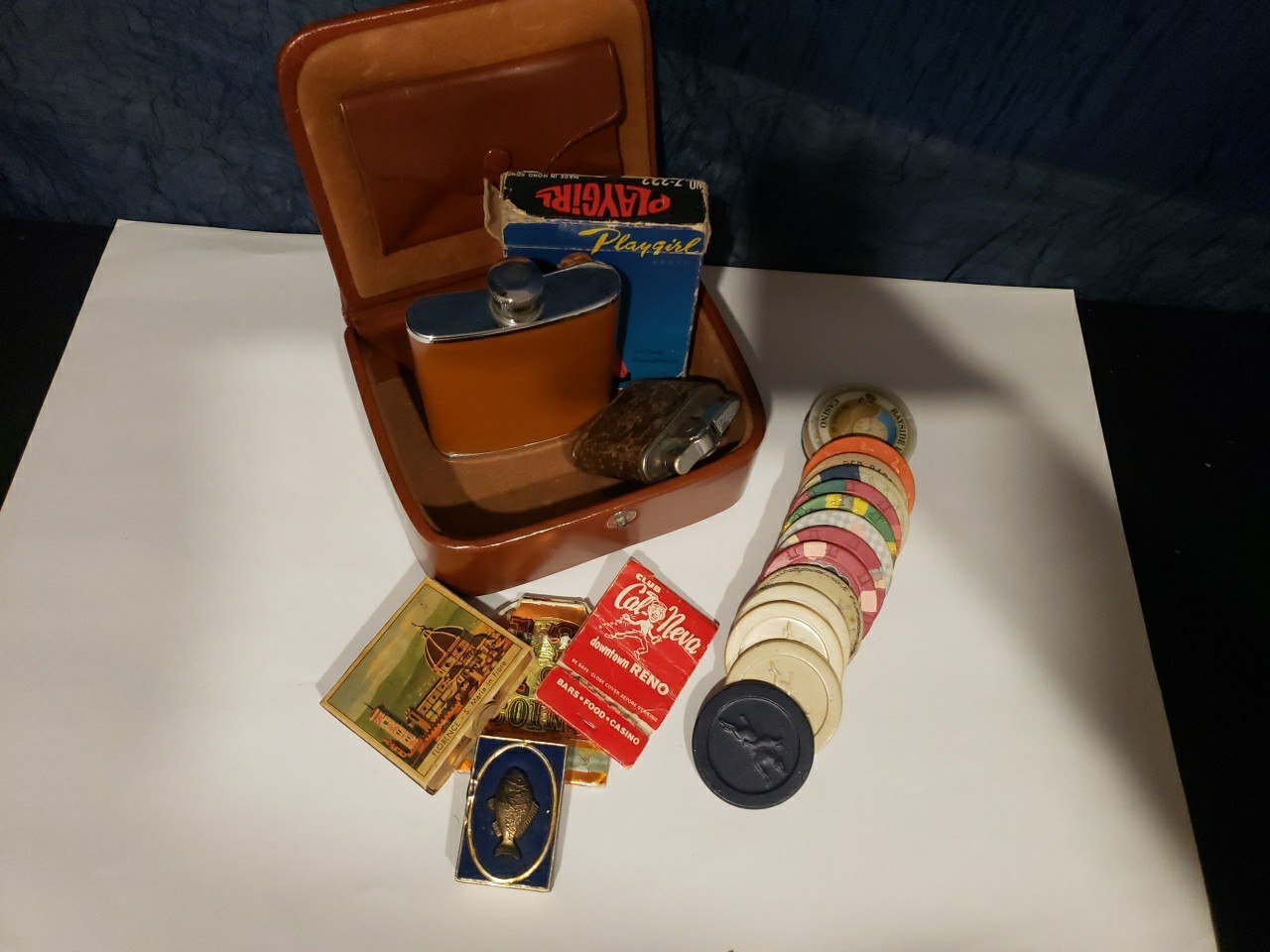 Vintage Gentleman\'s Junk Drawer Lot playgirl playing cards Poker Flask 