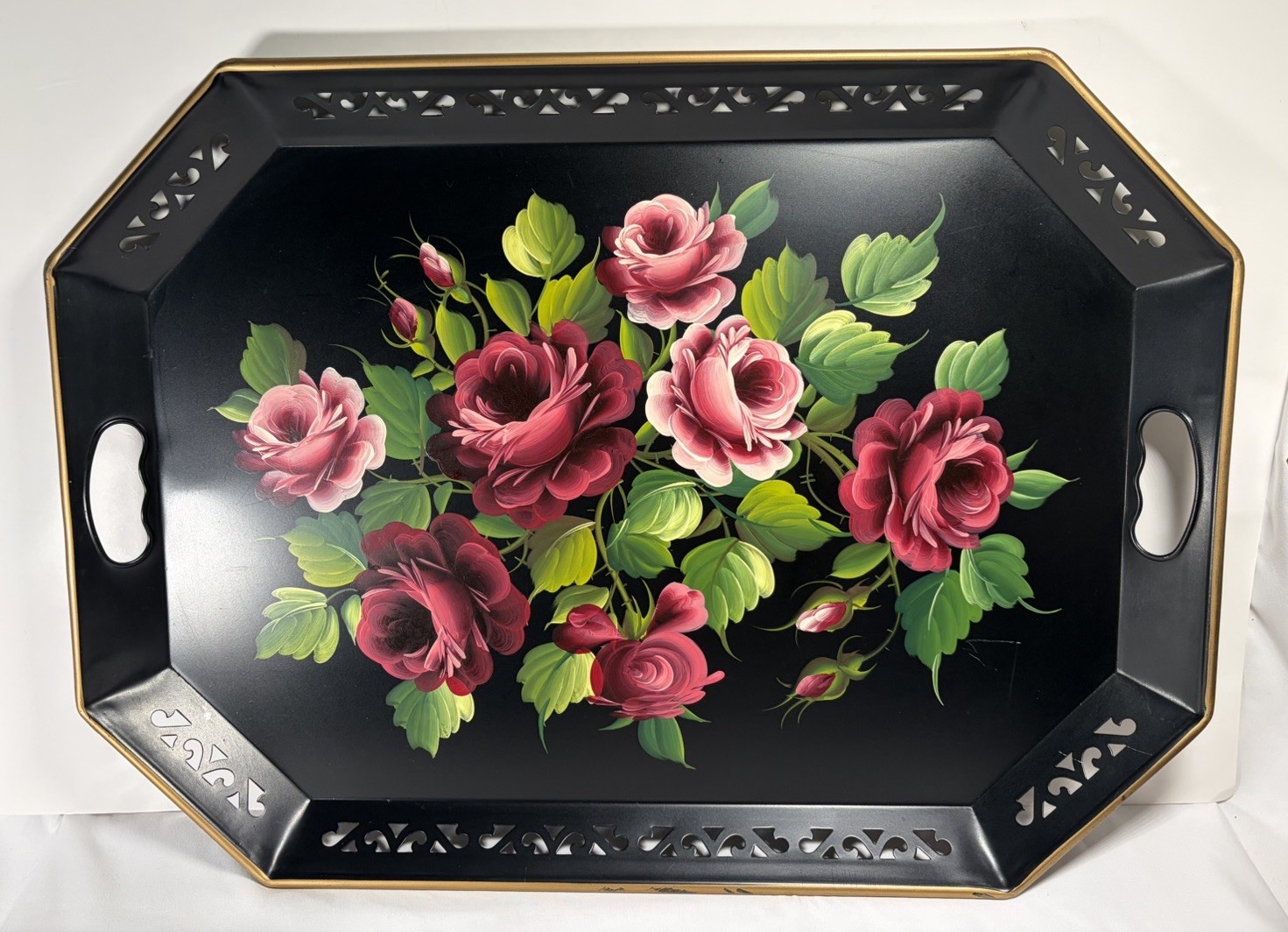 VTG Pilgrim Art No. 150 Hand-Painted Floral Toleware Serving Tray For Wanamaker