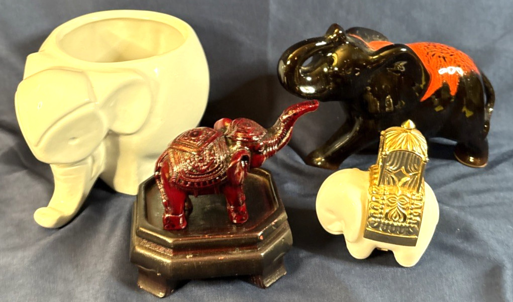 Vintage Elephant Figurine Lot w Red Resin VTG Chinese Asian 4 Total