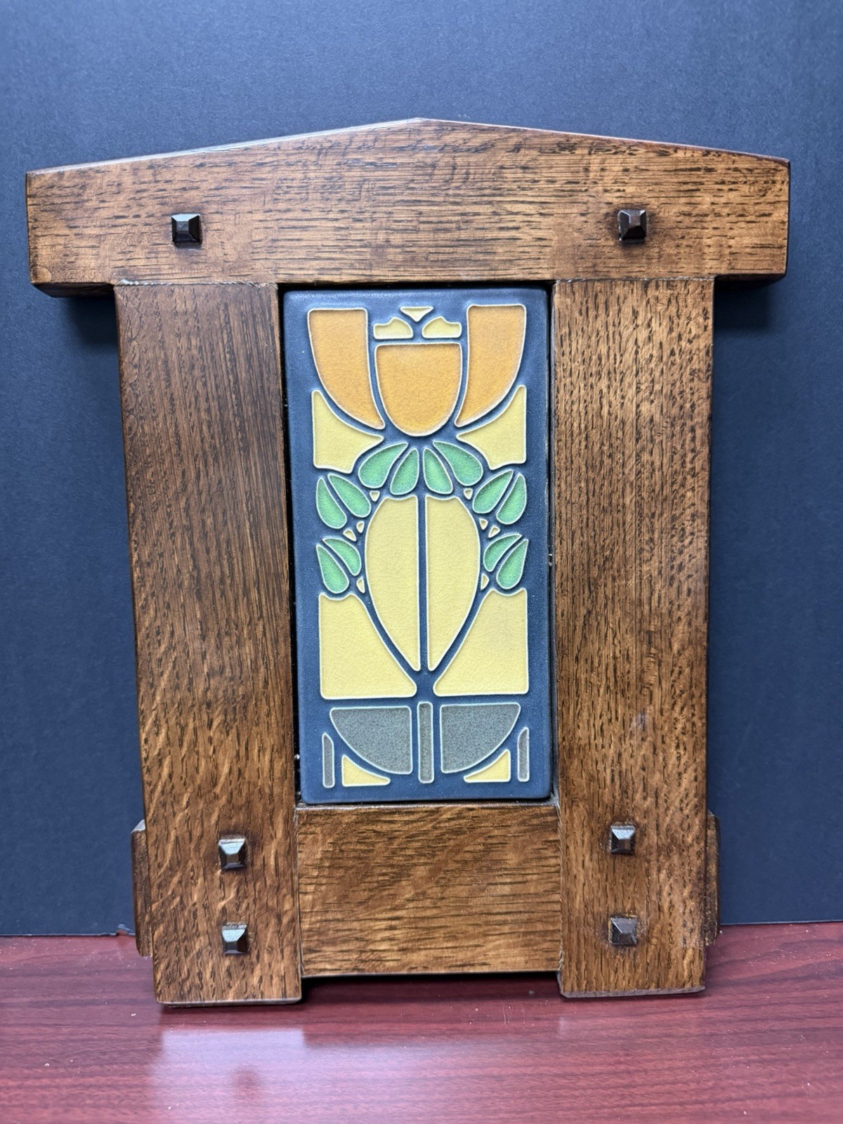 Motawi Stylized Bell Flower Tile In A Custom Oak Frame