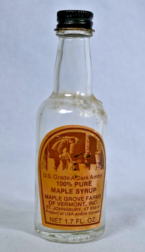 Vintage Maple Grove Vermont Syrup Bottle 1.7 Oz EMPTY Advertising Collectible