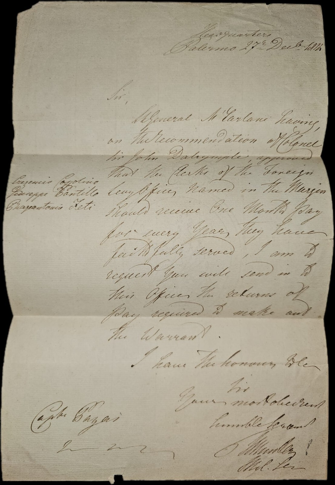 1811 British Military Letter Palermo Col Gen Alexander Mackenzie Napoleonic Wars