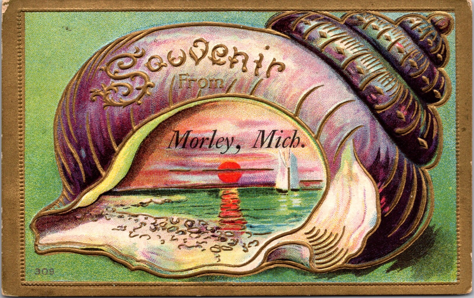 Postcard Seashell Ocean Scene Souvenir From Morley, Michigan Postcard Seashell Ocean Scene Souvenir From Morley, Michigan