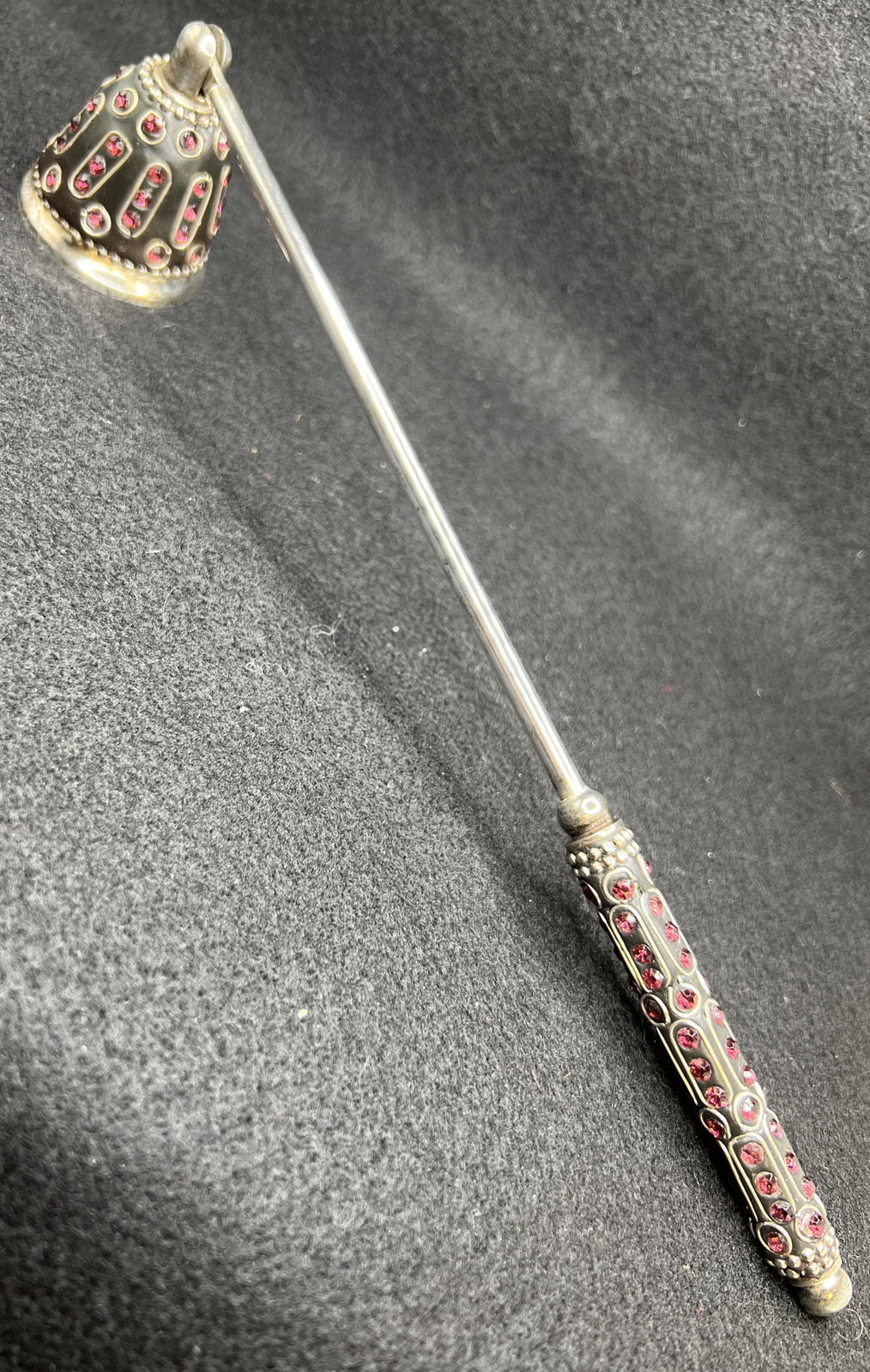 Vintage Ornate Silverplated Red Jeweled Candle Snuffer 10.5” Vintage Ornate Silverplated Red Jeweled Candle Snuffer 10.5”