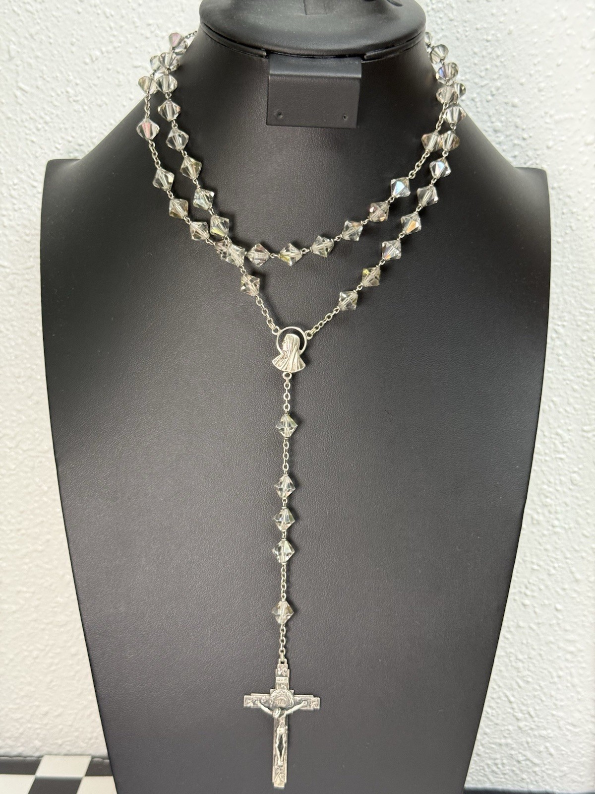 Vintage ROMA Italy Sterling Silver Rosary Faceted Clear AB Glass Crystal Beads