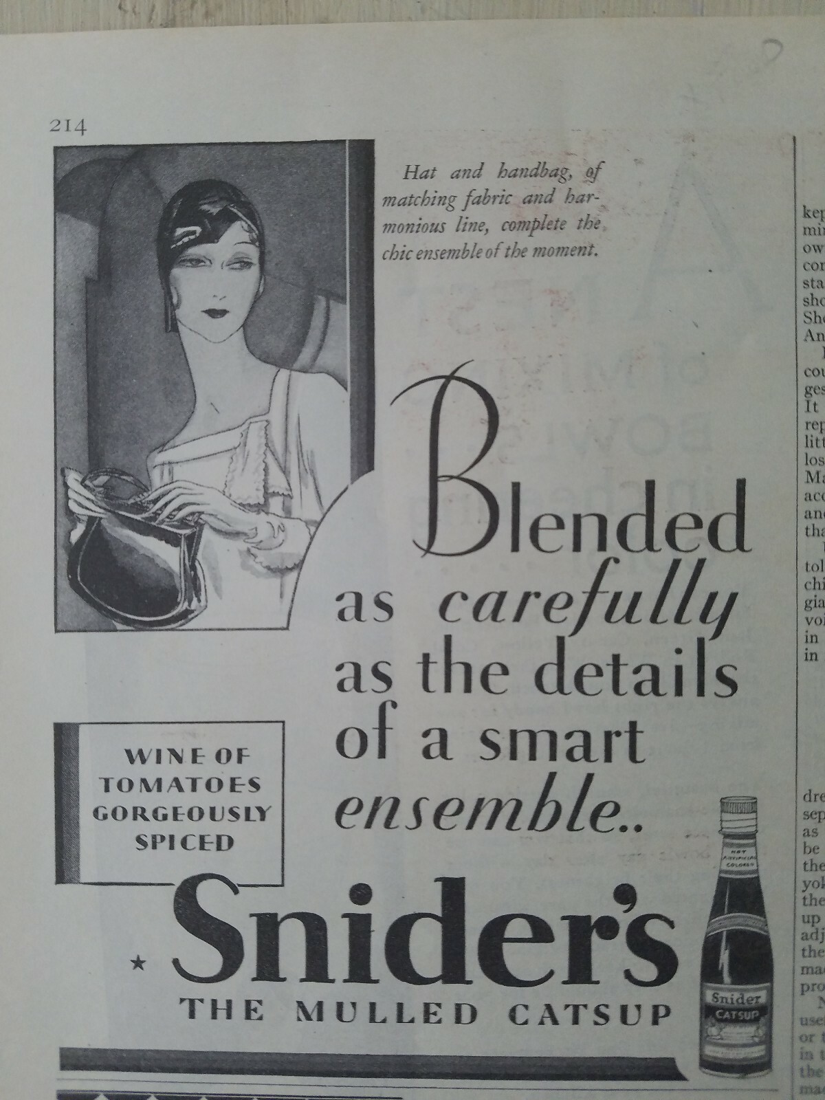 1929 Sniders the mulled catsup blended carefully as details of ensemble ad