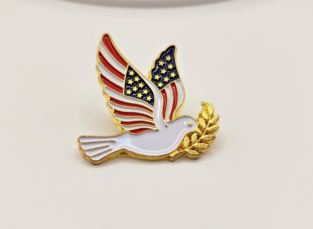 Patriotic White Peace Dove With American Flag Colors Wings And Gold Accents Pin