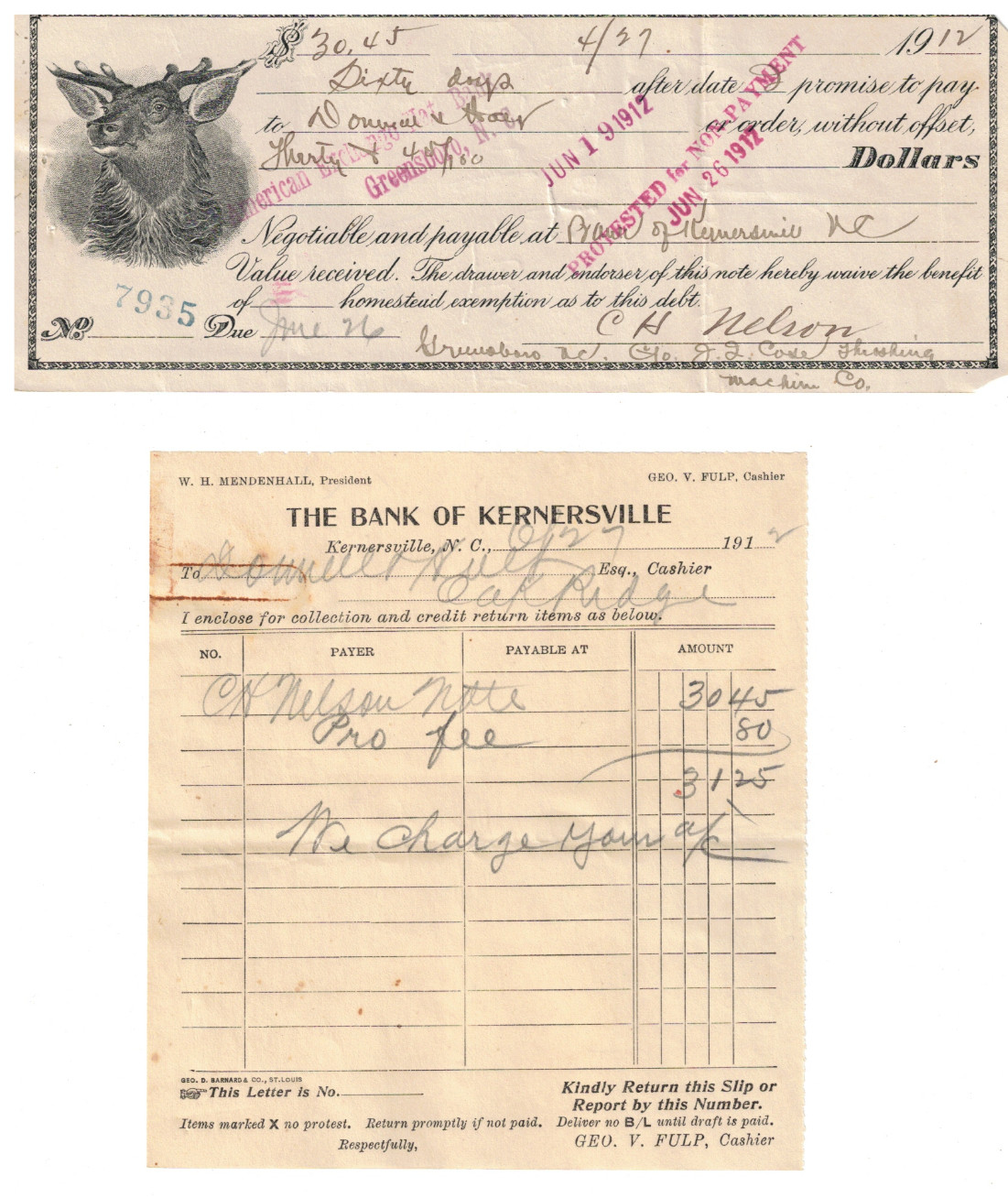 VTG 1912 BOUNCED PROMISSORY NOTE THE BANK OF KERNERSVILLE, NC~JI CASE THRESHING
