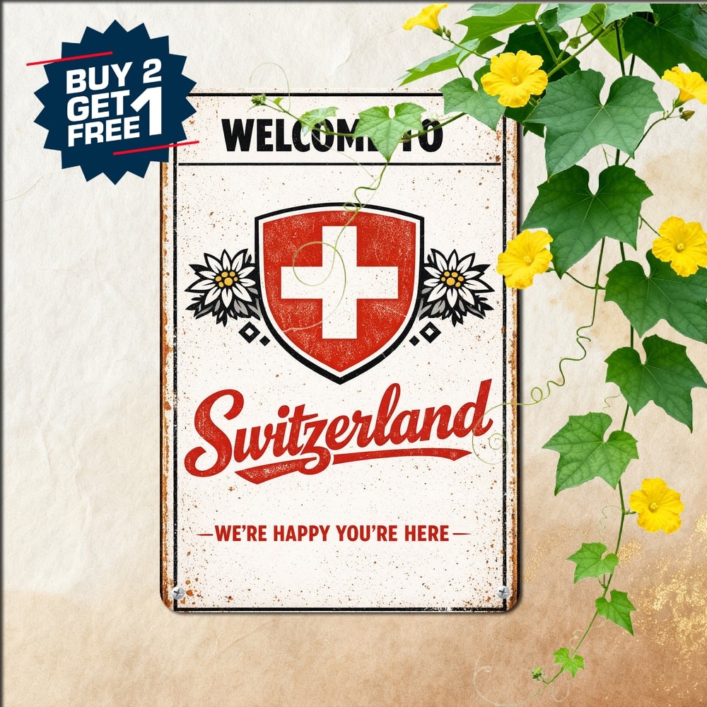 Switzerland Travel Souvenir Vintage Welcome Sign Home Wall Decor Plaque 8x12