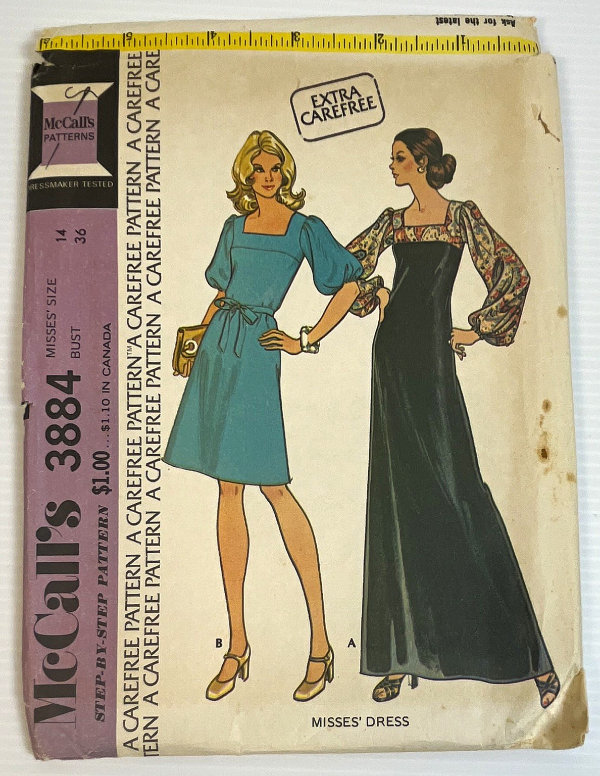 McCall's VTG Original 1970s Sewing Pattern 3884 Misses Carefree Dress Sz 14 