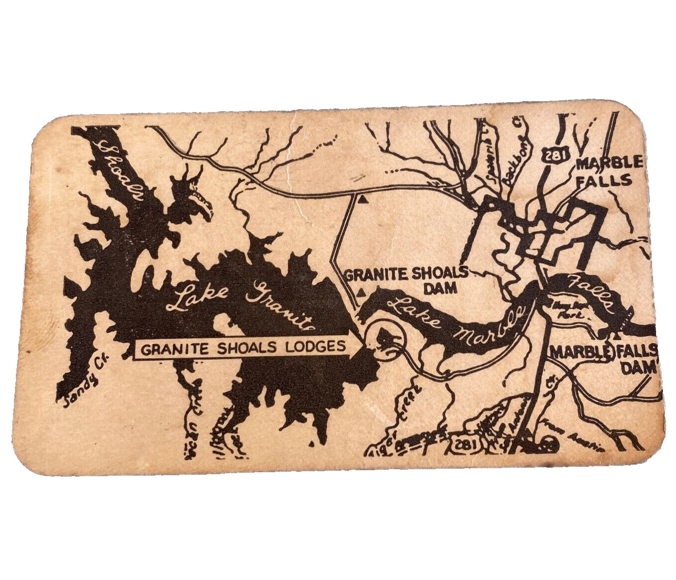Granite Shoals Lodges Business Card Advertising Map Marble Falls TX Lake Vintage