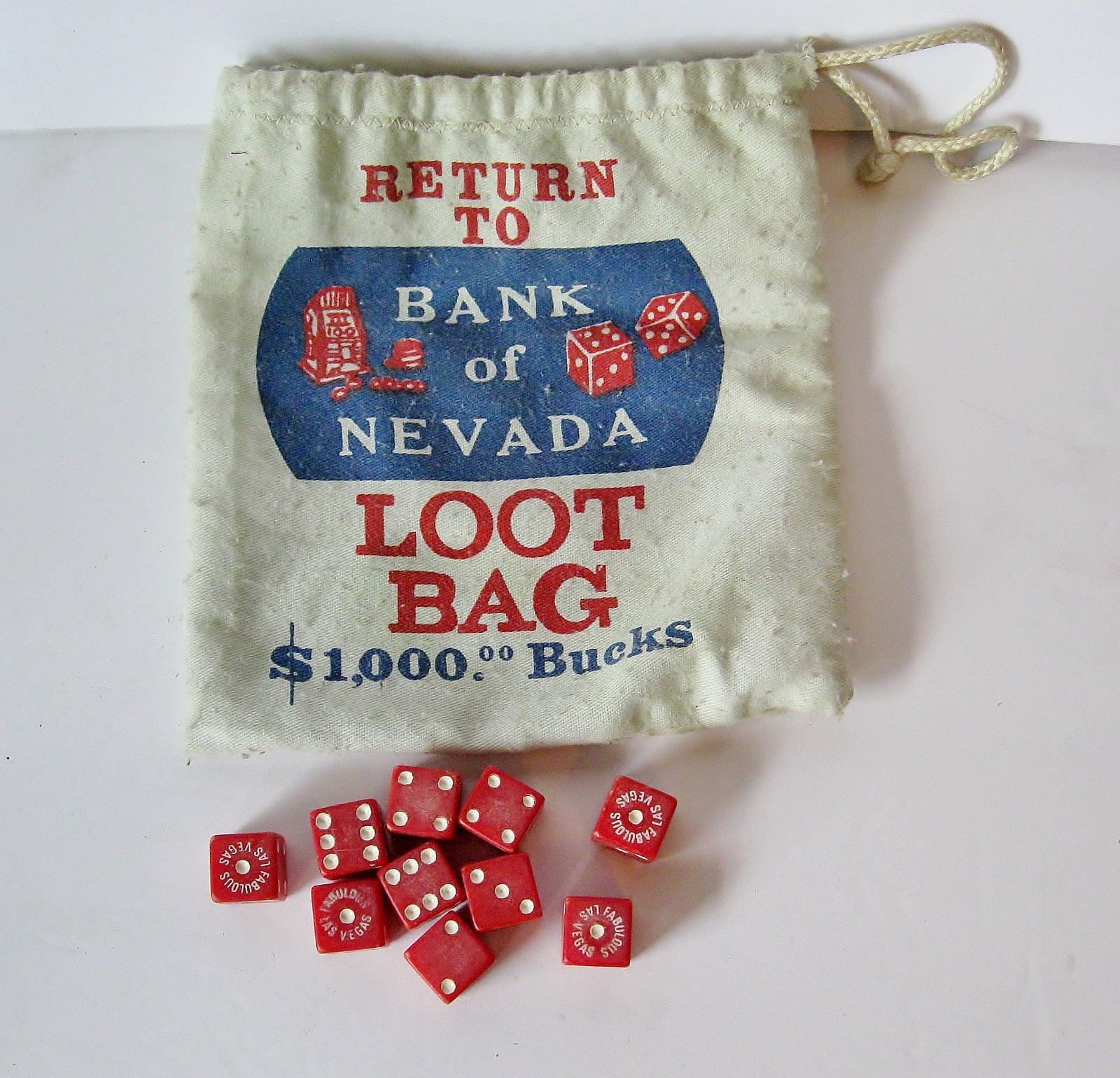10 Fabulous Las Vegas Red Game Dice w/ HTF Loot Bag Bank of Nevada