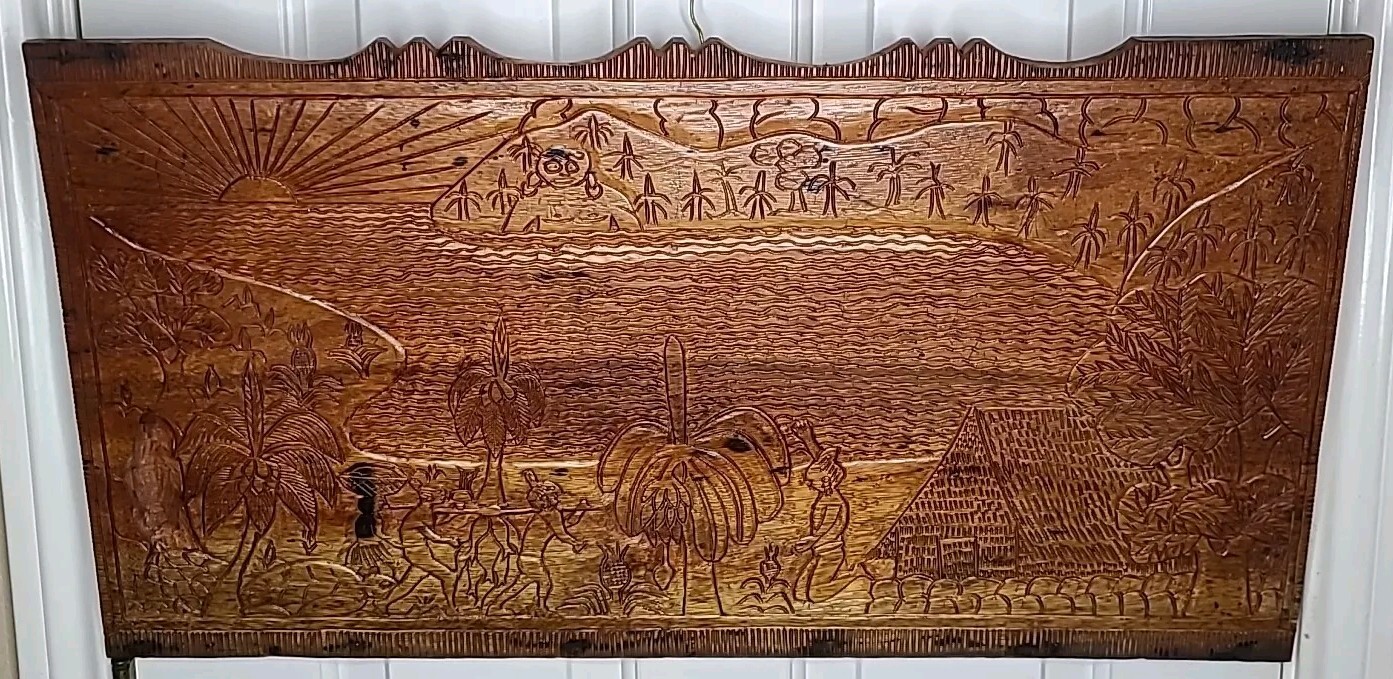 Asian Pacific Hand Carved Wooden Wall Plaque Picture Tale Storyboard EUC