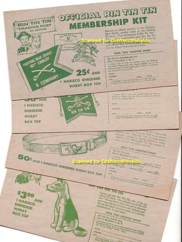 RIN TIN TIN 4 PREMIUM CARDS 1956 NABISCO CEREAL Mail-In Kit,RINTY TOY,Bugle,BELT