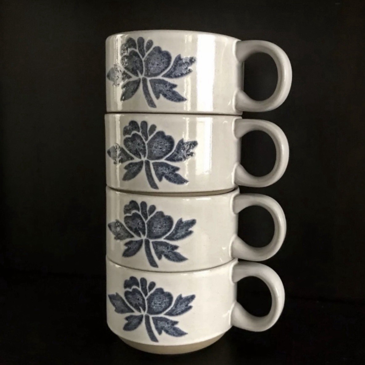 Vintage MIDWINTER Stoneware Wedgwood Oven to Table Blue Flower Cups Set of 4