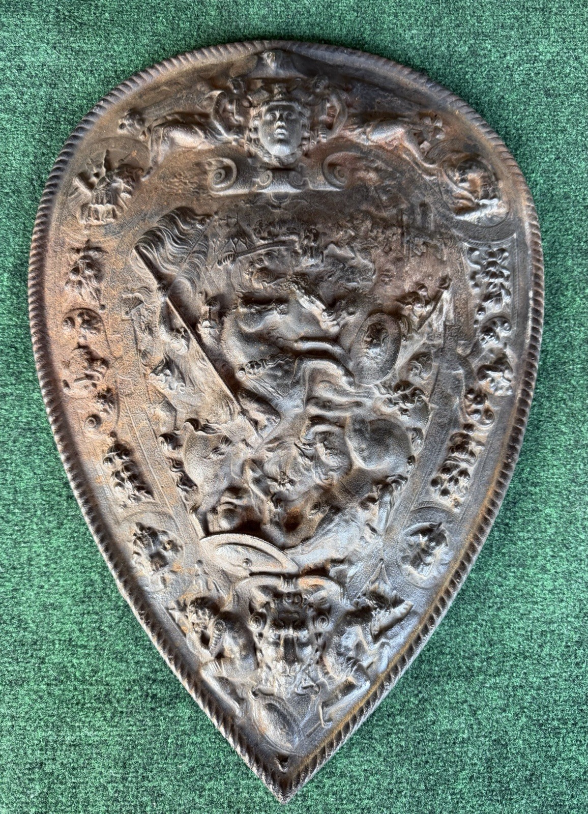 Antique Heavy Cast Iron Shield with Battle Scene