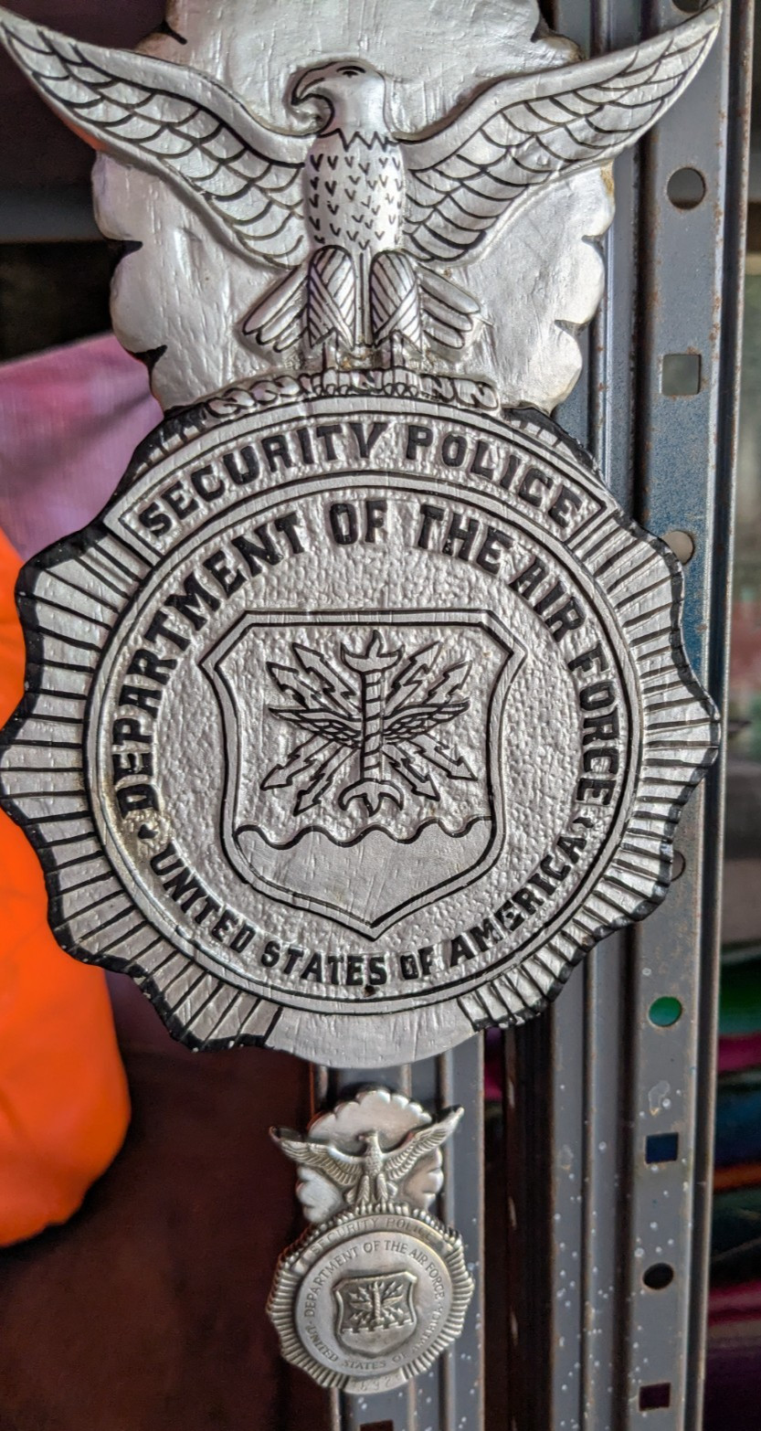 USAF Air Force Security Wood badge Art and one full size metal badge