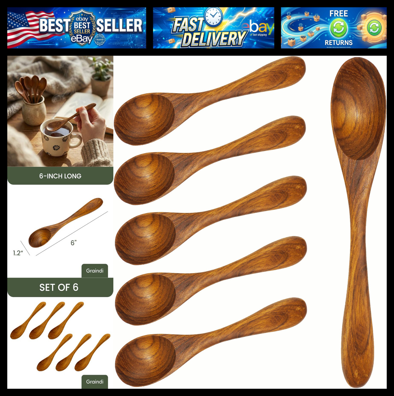 Teak Wood Spoons for Tea & Honey (Set of 6) | Small Wooden Teaspoons