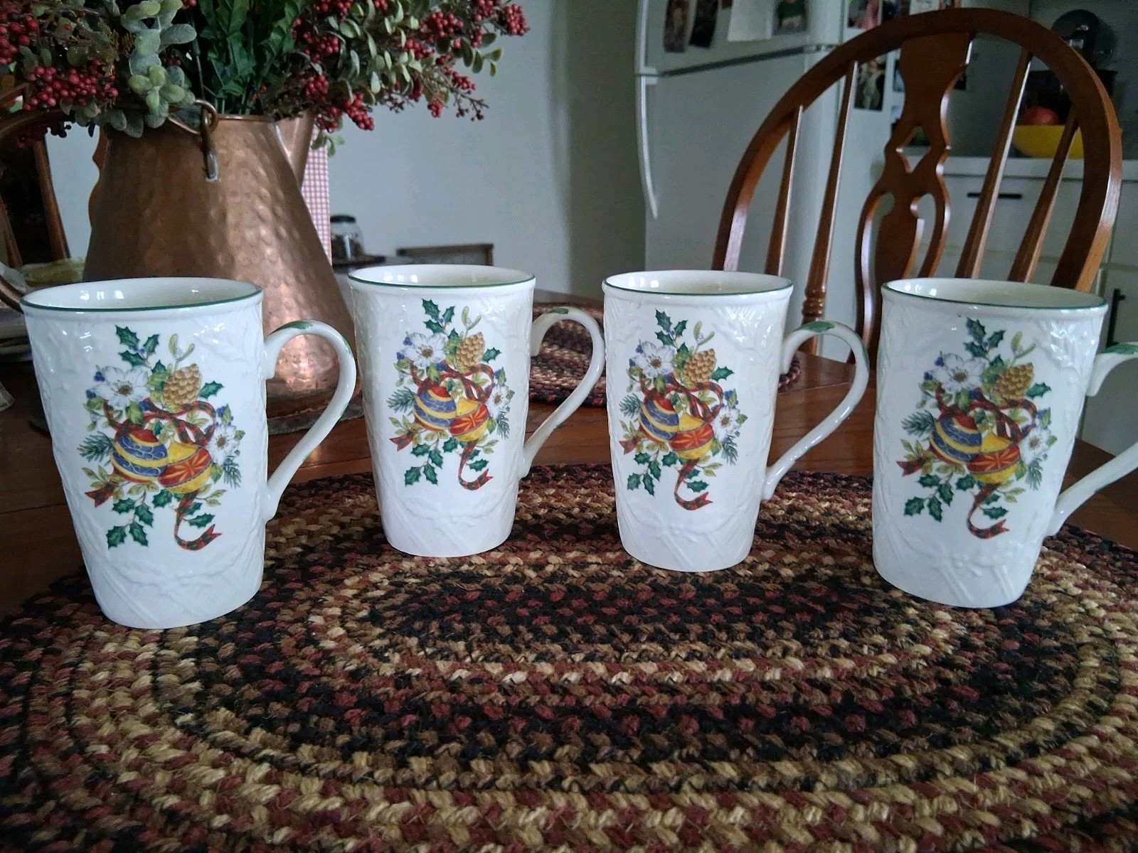 Vintage Mikasa Festive Spirit  Mug Ornaments And Holly 4  5/8” SET OF 4